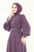 Taşlı Şifon Tesettür Abiye 7084ABK1075-MS Koyu Lila - Thumbnail