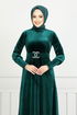 The Belt Stony Velvet Evening dress 3067EFY931-M Emerald - Thumbnail