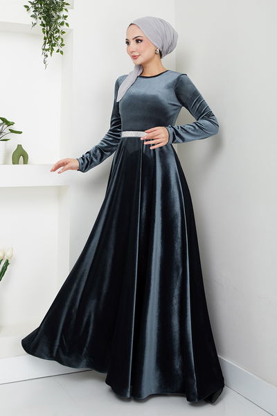 MRV E.F.Y. - The Stone Belted Velvet Evening dress 2013EFY931-M Anthracite