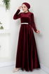 The Stone Belted Velvet Evening dress 2013EFY931-M Burgundy - Thumbnail