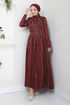 The Stone Detailed Evening dress 5633END900-M Burgundy - Thumbnail