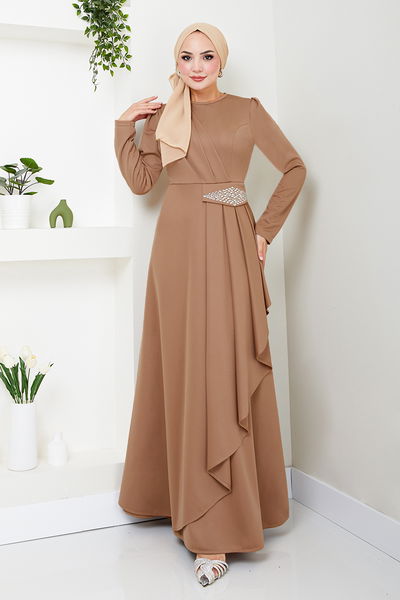 MRV S.L. - The Stone Detailed Hijab Dress 5022SL890 Latte