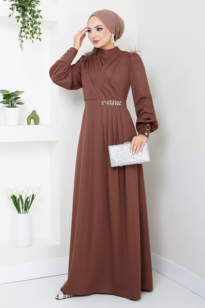 MRV D.V.L. - The Stone Detailed Hijab Evening dress 271DVL897-M Coffee