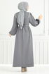 The Stone Detailed Hijab Evening dress 5656END900-M Anthracite - Thumbnail