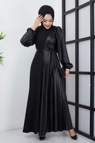 ZNK - Tricots Détaillé Cuir Robe Numéro 4666 Noir