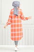 Von vorne Knopfleiste Plaid Tunika 4446KTR927-M Grau & Oranj - Thumbnail