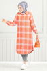 Von vorne Knopfleiste Plaid Tunika 4446KTR927-M Grau & Oranj - Thumbnail