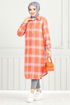 Von vorne Knopfleiste Plaid Tunika 4446KTR927-M Grau & Oranj - Thumbnail