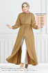 Von vorne Knopfleiste Terikoton Kleid 805OZR1047-M Latte - Thumbnail