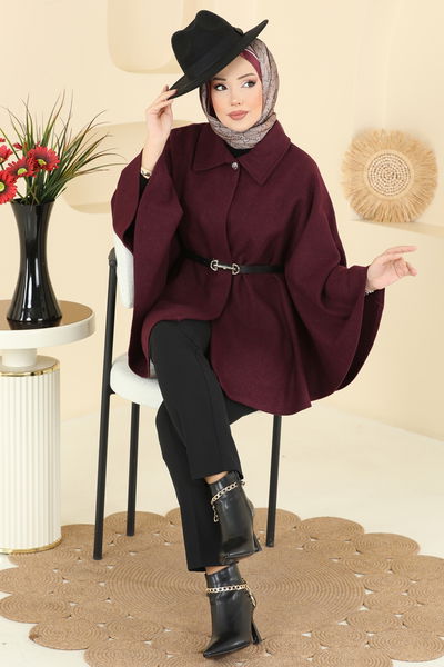 T.E.G. - Yakası Düğmeli Kaşe Panço 6070TEG847-MS Bordo - 413487