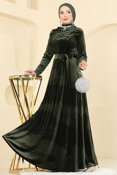 M.E.Y. - Yakası Taşlı Kadife Abiye Elbise 2048MEY846-MS Haki - 405964