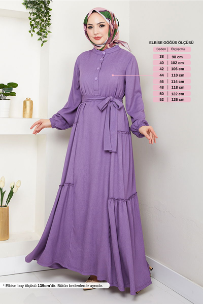 MRV D.V.L. - Yarım Düğmeli Bürümcük Elbise 402DVL897-M Koyu Lila