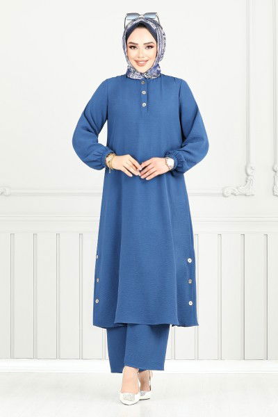 MRV M.R. - Yarım Düğmeli Tesettür Takım 015MR1077-M İndigo