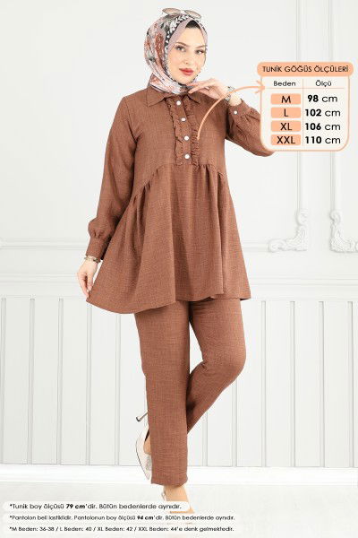 T.E.G. - Yarım Düğmeli Tesettür Takım 6093TEG847-MS Kahve