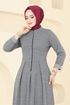 Yarım Fermuarlı Balıksırtı Elbise 22026UKB139-MS Gri - Thumbnail