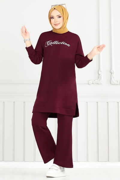 MRV P.M. - Yazı Baskılı Tesettür Takım 4107PM1063-M Bordo