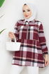 Zippered Plaid Tunic Burgundy EFS1931 - Thumbnail